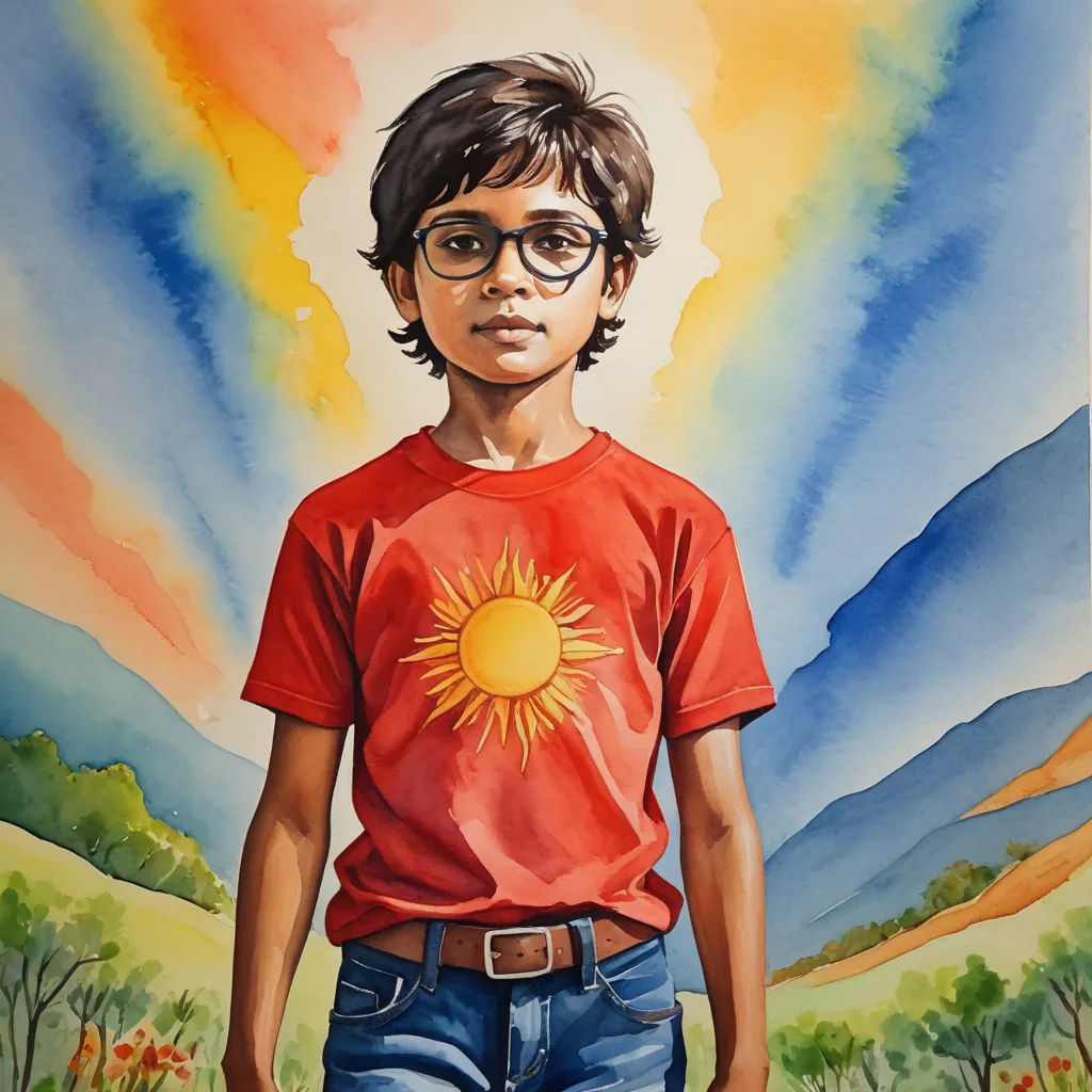 a painting of a boy with glasses and a red shirt with a sun on it, standing in front of a mountain, metaphysical painting, a watercolor painting, Aaron Jasinski, in gouache detailed paintings