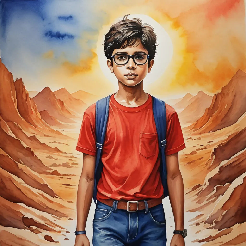 a painting of a boy with glasses and a backpack in a desert landscape with a sunset behind him and a mountain range in the background, serial art, an ultrafine detailed painting, Eric Zener, in gouache detailed paintings