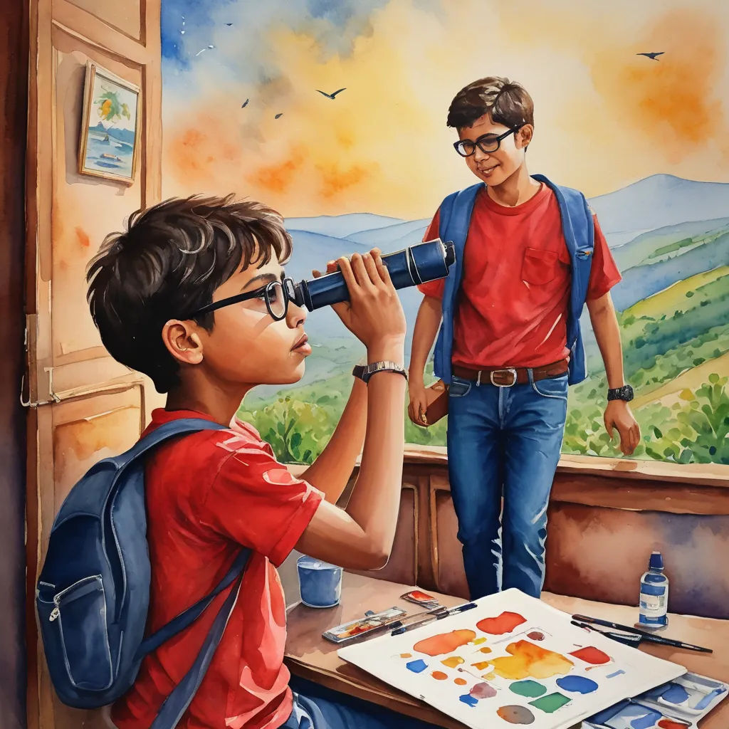 a painting of a boy looking through a telescope at another boy looking through a window at a mountain view, bengal school of art, a detailed painting, Bikash Bhattacharjee, detailed painting