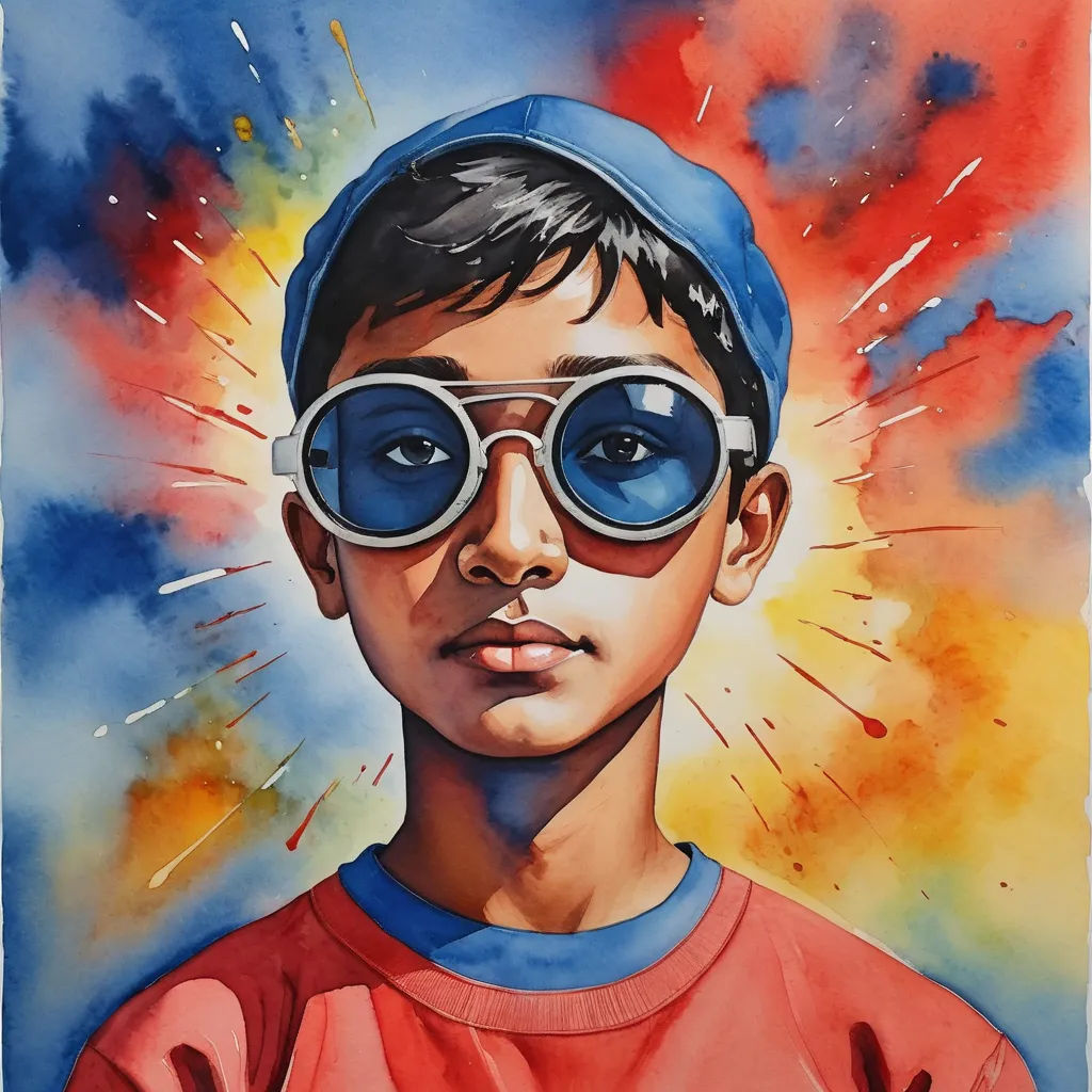 a painting of a boy wearing sunglasses and a cap with a bright background of red, yellow, and blue, neo-fauvism, a watercolor painting, Aaron Jasinski, in gouache detailed paintings