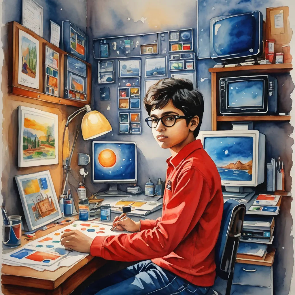 a painting of a boy sitting at a desk with a computer and a monitor on it, with a lot of pictures on the wall, metaphysical painting, an ultrafine detailed painting, Aaron Jasinski, highly detailed digital painting