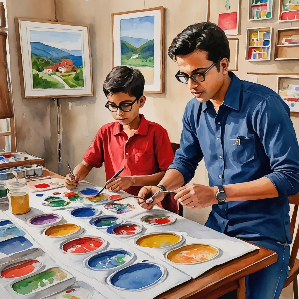 a man and a boy painting with watercolors on a table in a room with paintings on the walls, bengal school of art, a detailed painting, Bhupen Khakhar, extremely detailed oil painting