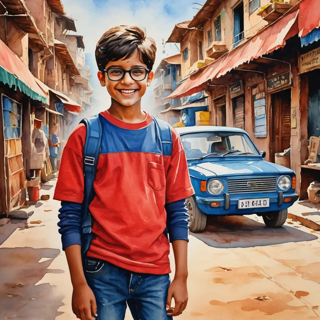 a painting of a boy with glasses standing in front of a car in a street with buildings and a blue truck, photorealism, a photorealistic painting, Bikash Bhattacharjee, in gouache detailed paintings