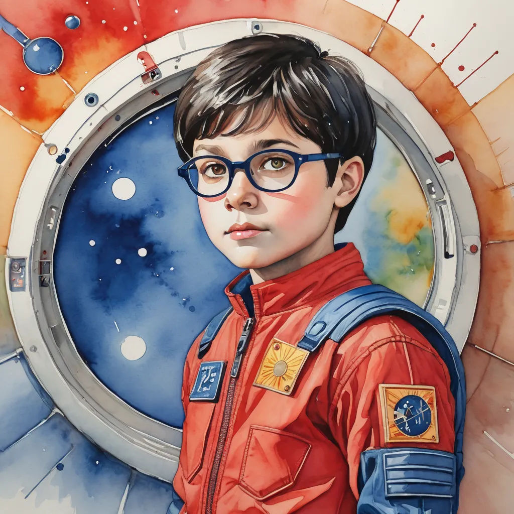 a painting of a boy in a space suit with a space shuttle in the background and a space station window, space art, an ultrafine detailed painting, Aaron Jasinski, in gouache detailed paintings