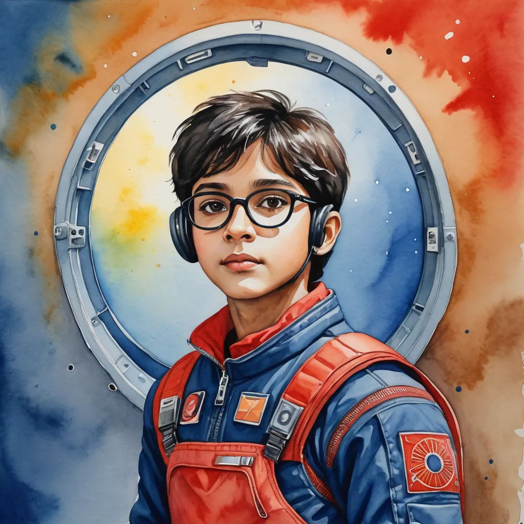 a painting of a boy wearing a space suit and headphones, with a space background and a circular window, space art, an ultrafine detailed painting, Aaron Jasinski, in gouache detailed paintings
