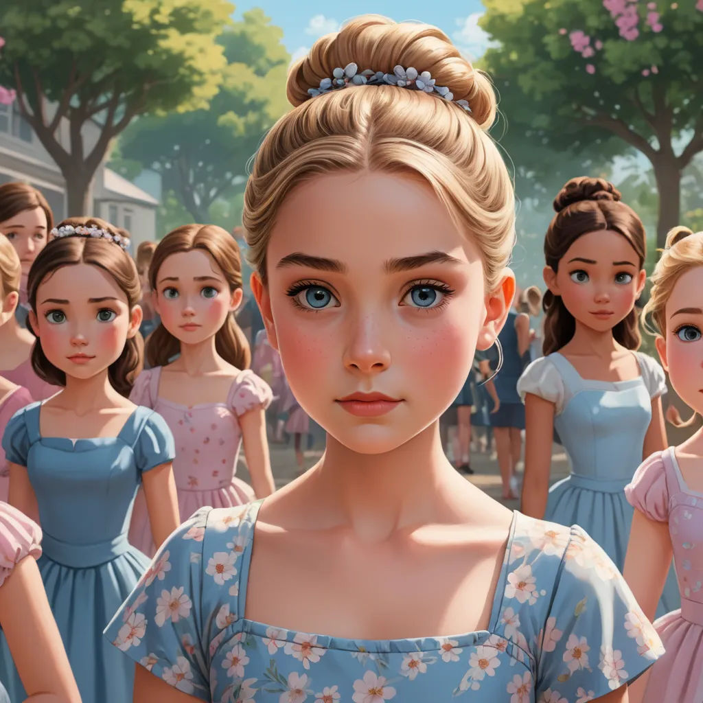a group of animated women standing next to each other in a park with trees and buildings in the background, rococo, a detailed painting, Charlie Bowater, trending on art station
