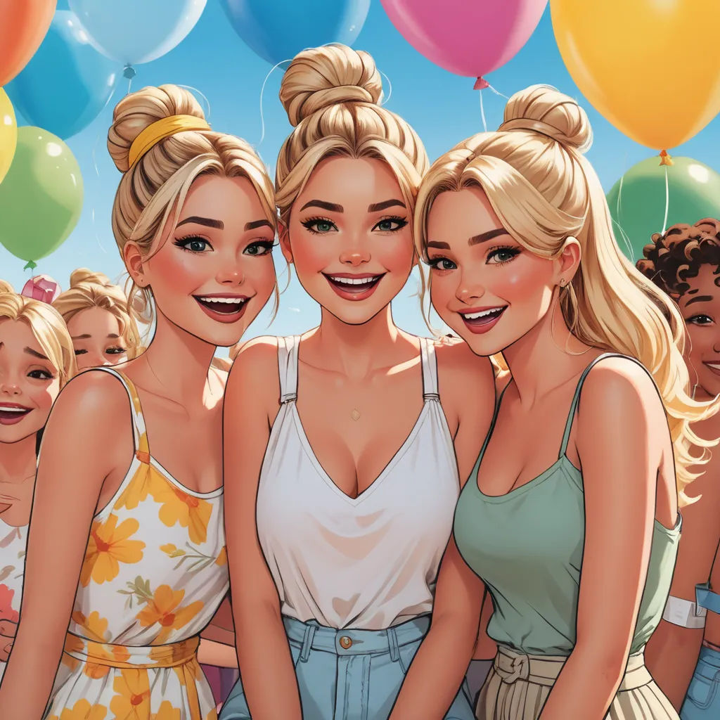 a group of women standing next to each other with balloons in the background of them and a sky full of balloons, rayonism, a comic book panel, Artgerm, rossdraws global illumination