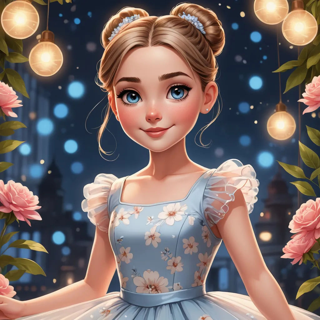 a girl in a blue dress standing in front of a flowery background with lights and flowers around her, fantasy art, a detailed painting, Charlie Bowater, kinkade