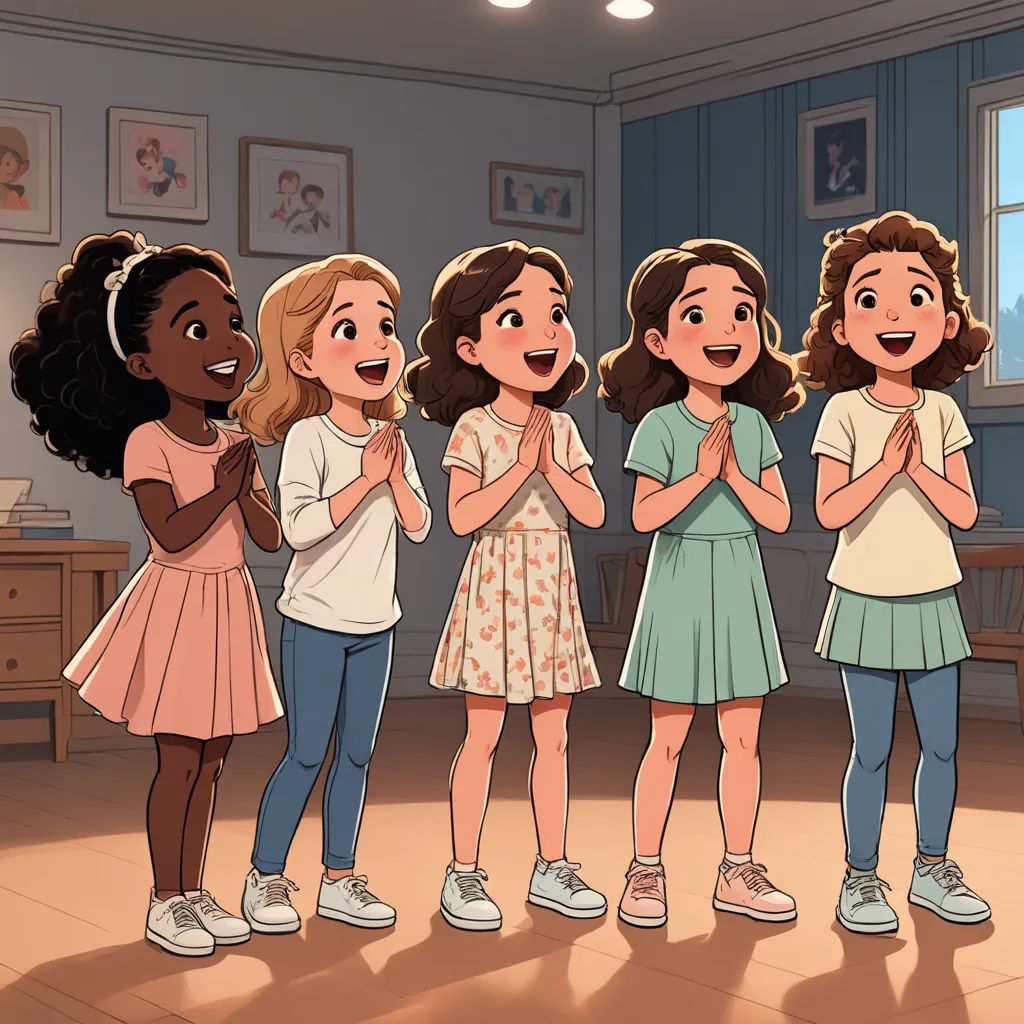 a group of girls standing in a room with their hands together and clapping together in front of them,, serial art, a storybook illustration, disney, official art