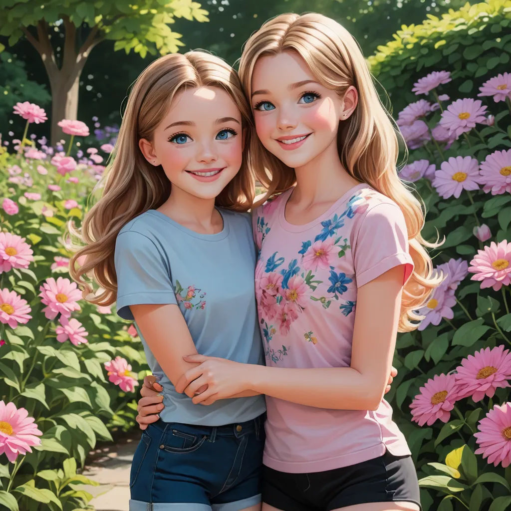 two girls are hugging in front of a flower garden with pink daisies and pink flowers in the background, figurativism, a digital rendering, Artgerm, photoreal