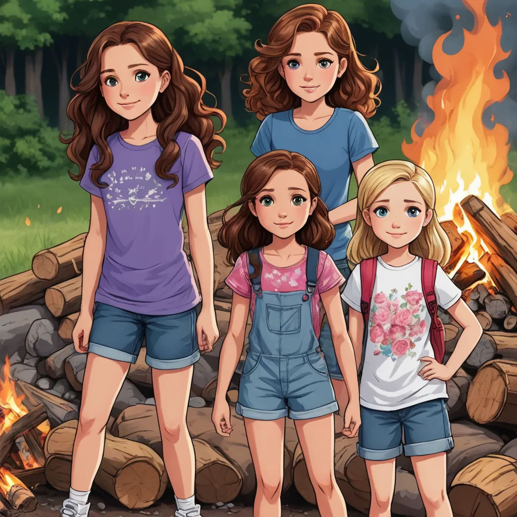 three girls standing in front of a fire with logs in the background and a forest in the background with trees, sots art, concept art, Clarice Beckett, official art