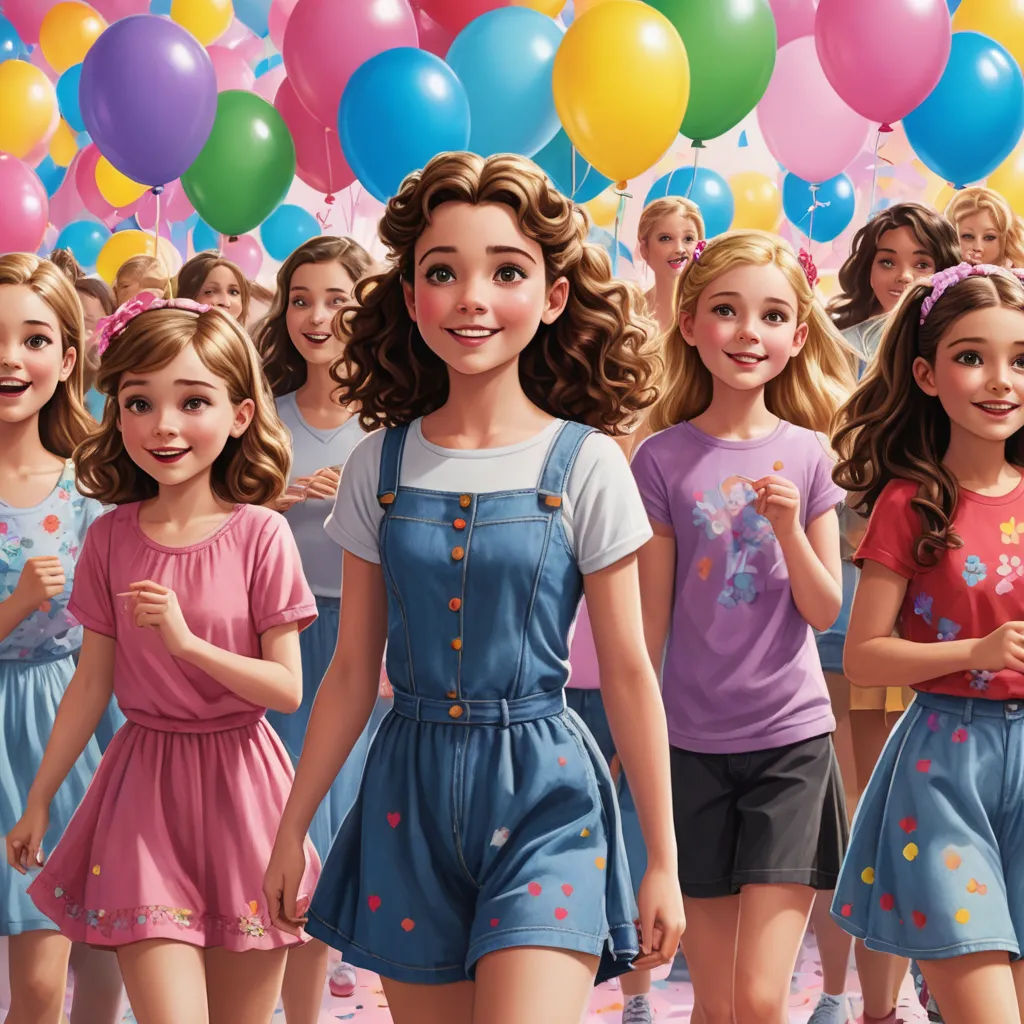 a group of girls standing in front of a group of balloons and confetti on a string with a girl in the middle, rayonism, a storybook illustration, disney, animated