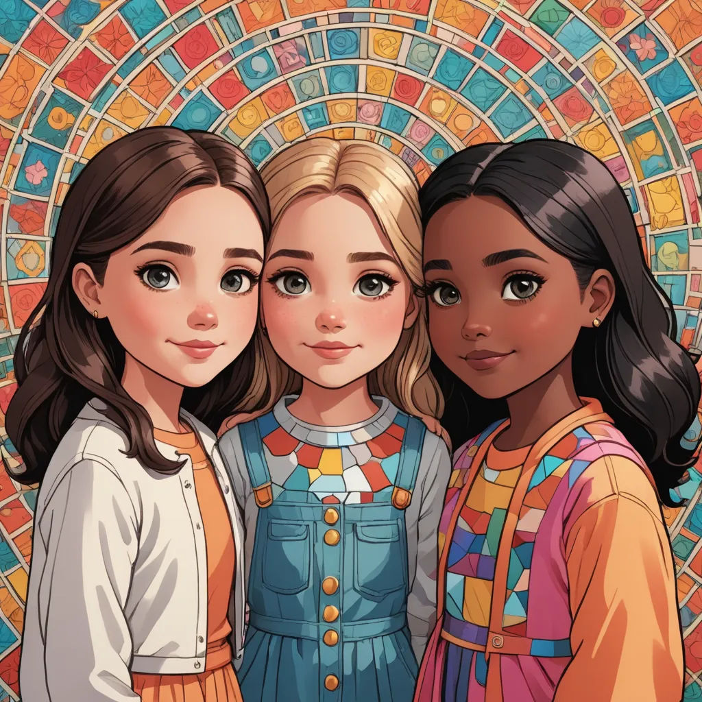 three girls standing next to each other in front of a stained glass background with a mosaic design behind them, aestheticism, a comic book panel, Caroline Lucy Scott, key art
