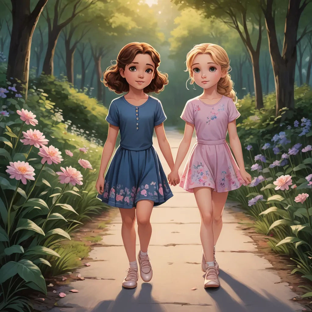 two girls walking down a path holding hands in a forest with flowers and trees behind them, with a sun shining through the trees, fantasy art, a storybook illustration, disney, official art