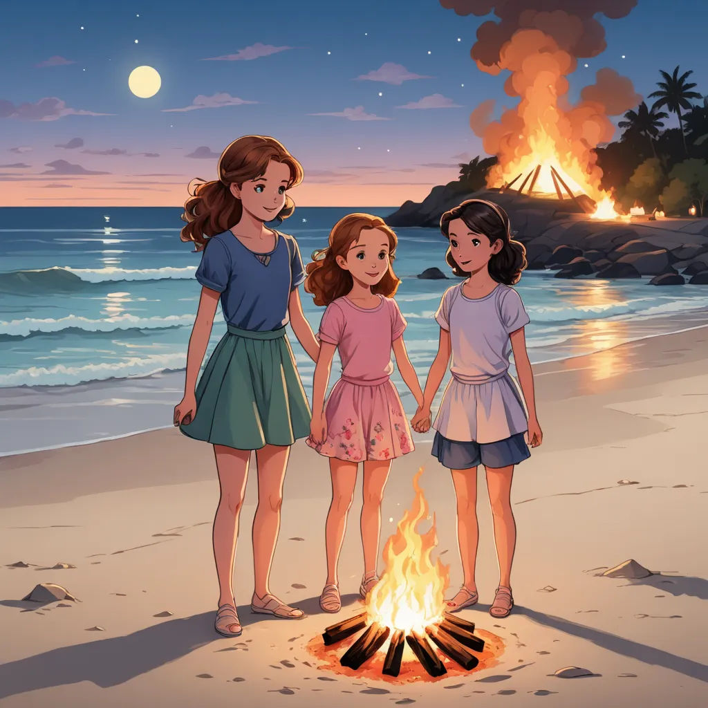 three girls standing on a beach next to a fire pit with a campfire in the background and a full moon in the sky, lyco art, a storybook illustration, disney, official art