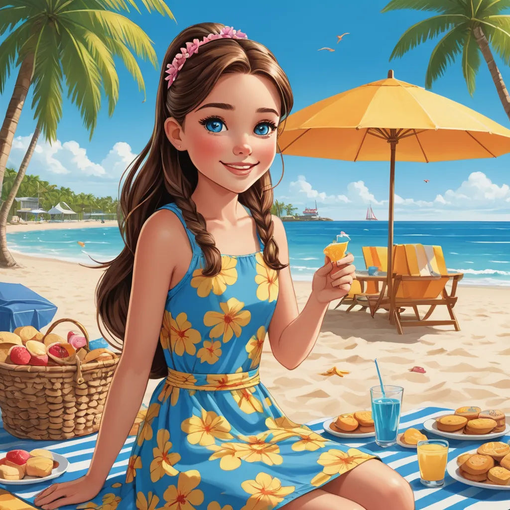a girl sitting on a beach with a plate of food and a drink in her hand and a basket of fruit in her other hand, photorealism, a storybook illustration, Dorothy Coke, highly detailed digital painting