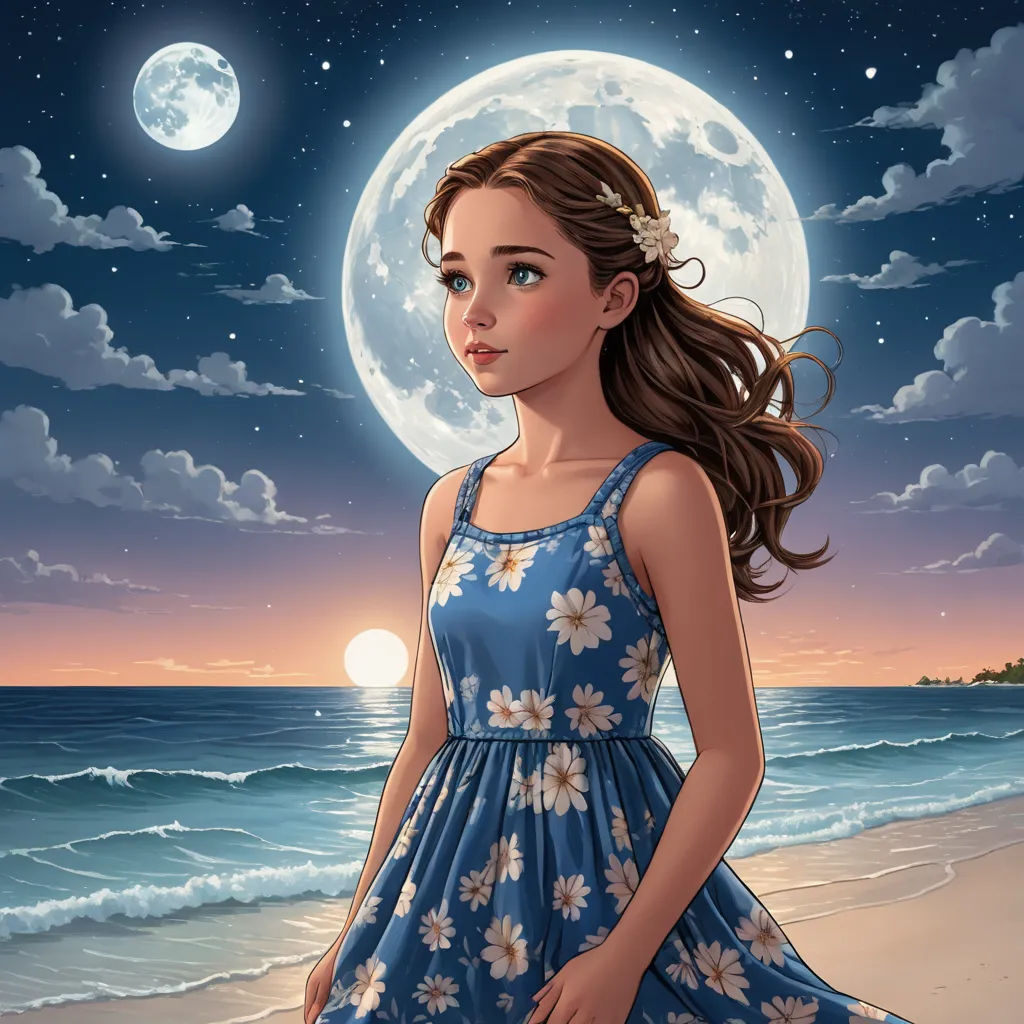 a girl in a blue dress standing on a beach under a full moon and stars filled sky with the ocean and the moon behind her, fantasy art, a detailed painting, Cyril Rolando, highly detailed digital painting