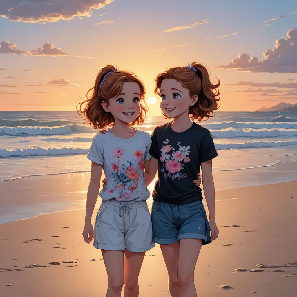 two girls standing on the beach at sunset with the sun in the background and the ocean in the foreground, photorealism, a detailed painting, Cyril Rolando, rossdraws global illumination