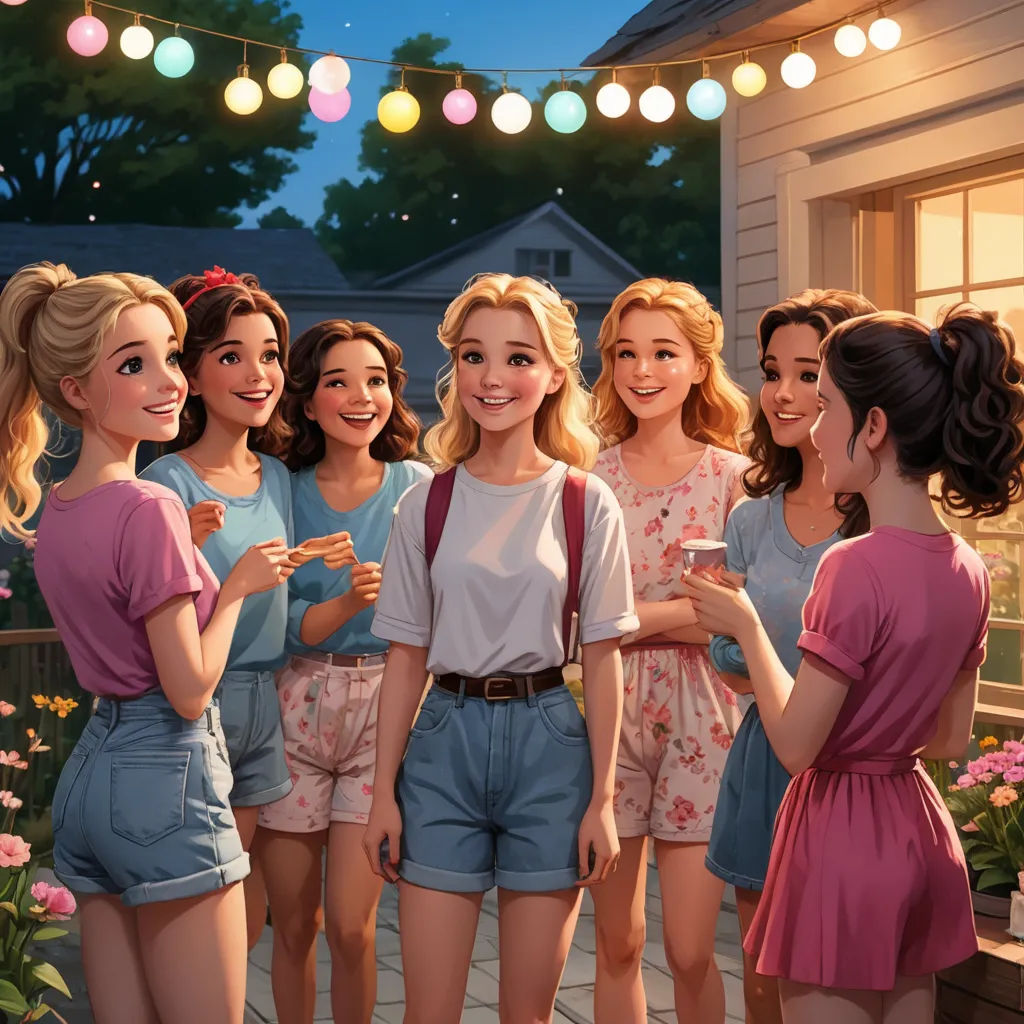a group of women standing next to each other in front of a house with lights strung above them and a string of lights, photorealism, a stock photo, Evgeny Lushpin, animated