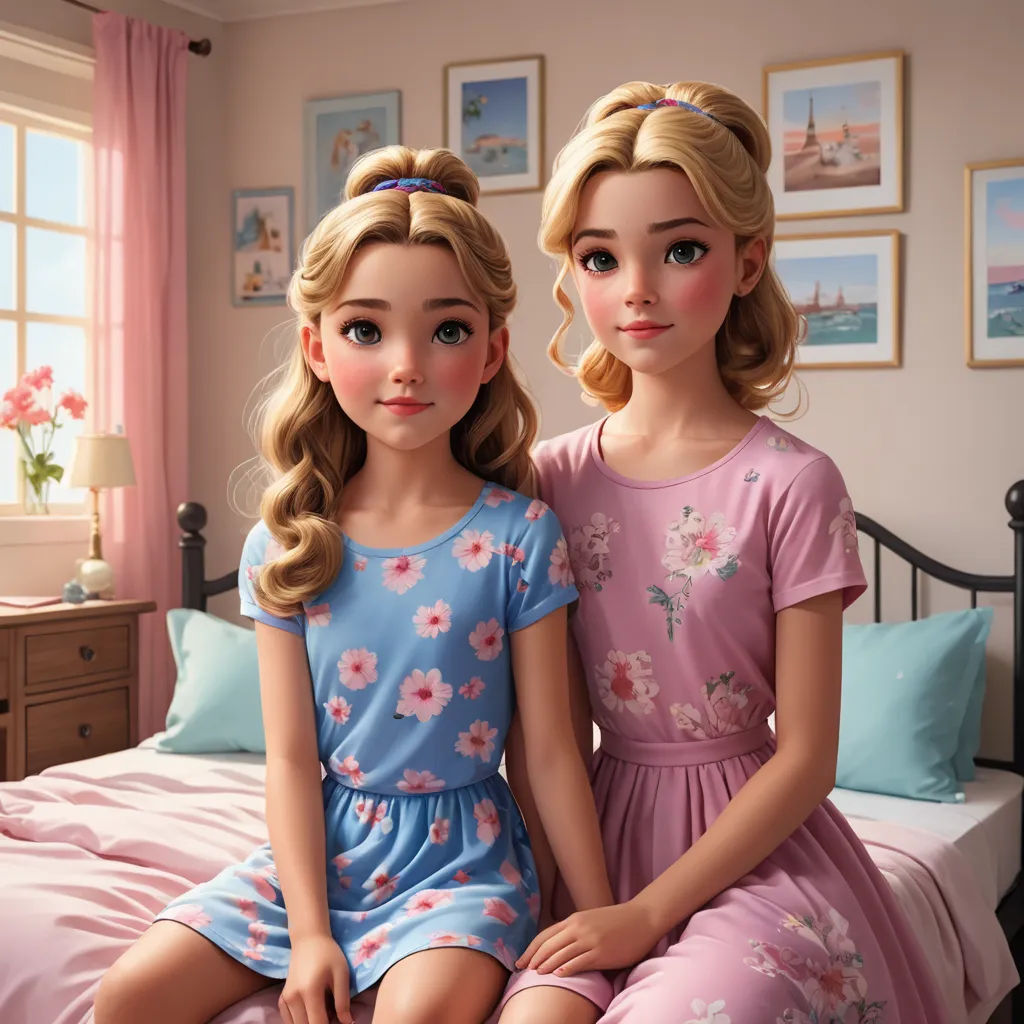 two girls sitting on a bed in a bedroom with pink walls and pink curtains and pink curtains on the windowsill, photorealism, a photorealistic painting, disney, cgstudio