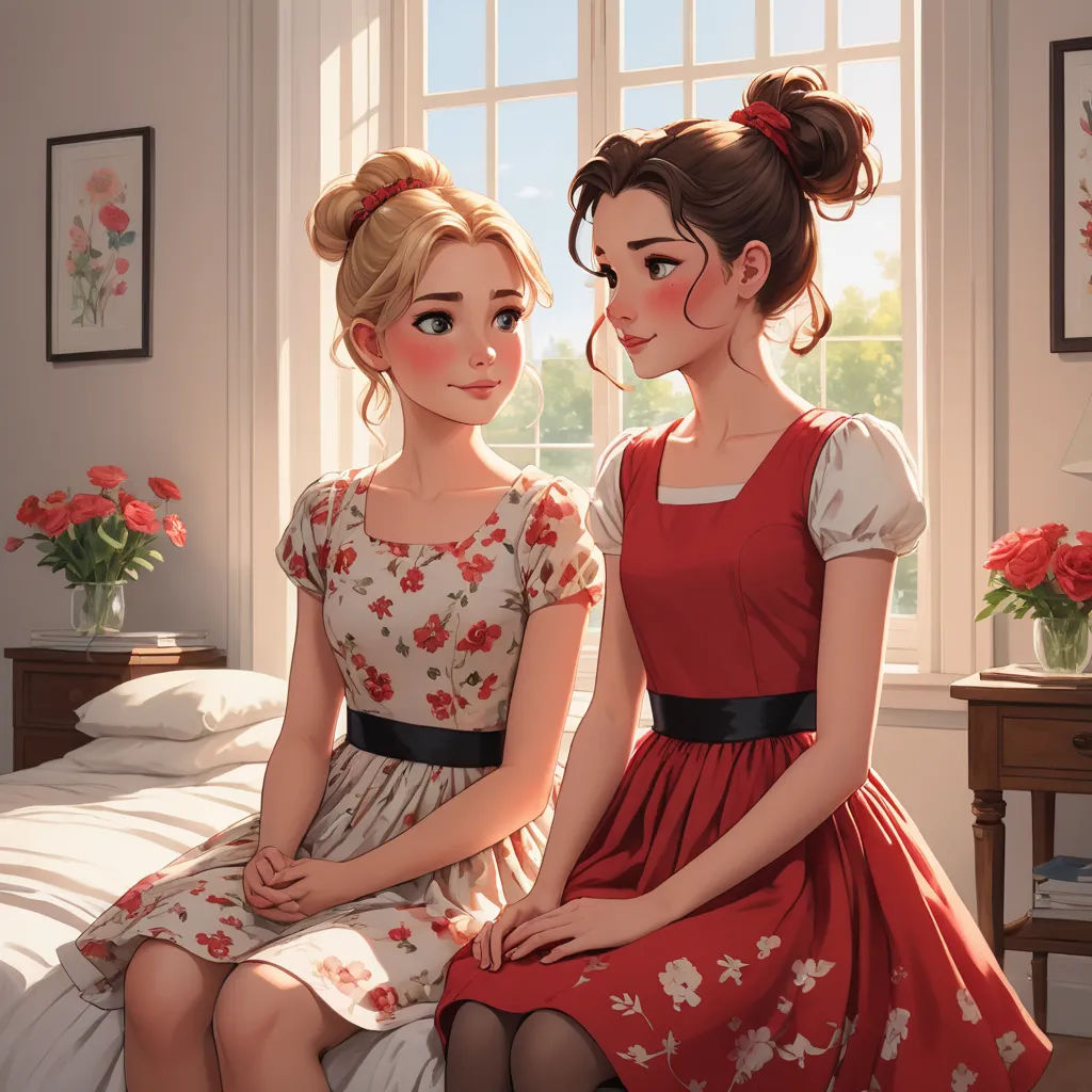 two girls sitting on a bed in a room with a window and a bed spread with red flowers on it, american scene painting, a painting, Artgerm, rossdraws global illumination