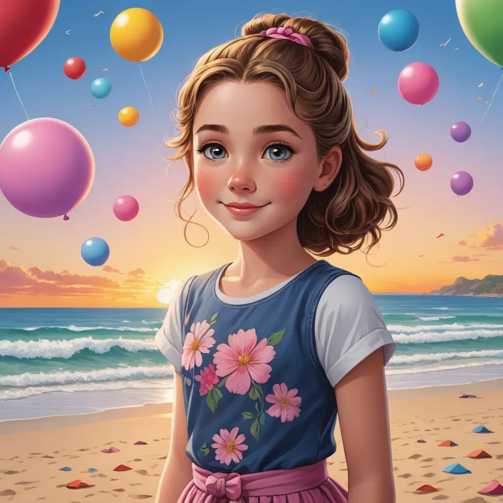 a painting of a girl on the beach with balloons in the air above her head and a sunset in the background, photorealism, a detailed painting, Cyril Rolando, highly detailed digital painting