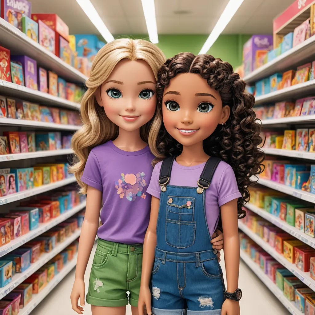 two dolls are standing in a store aisle together, both wearing overalls and overalls, and one is wearing a purple shirt, photorealism, a stock photo, disney, promotional image