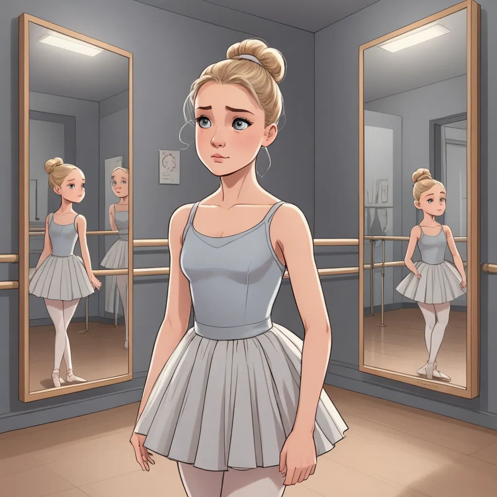 a woman in a dress standing in front of a mirror in a dance studio with a ballerina in the background, sots art, a character portrait, Clarice Beckett, character portrait