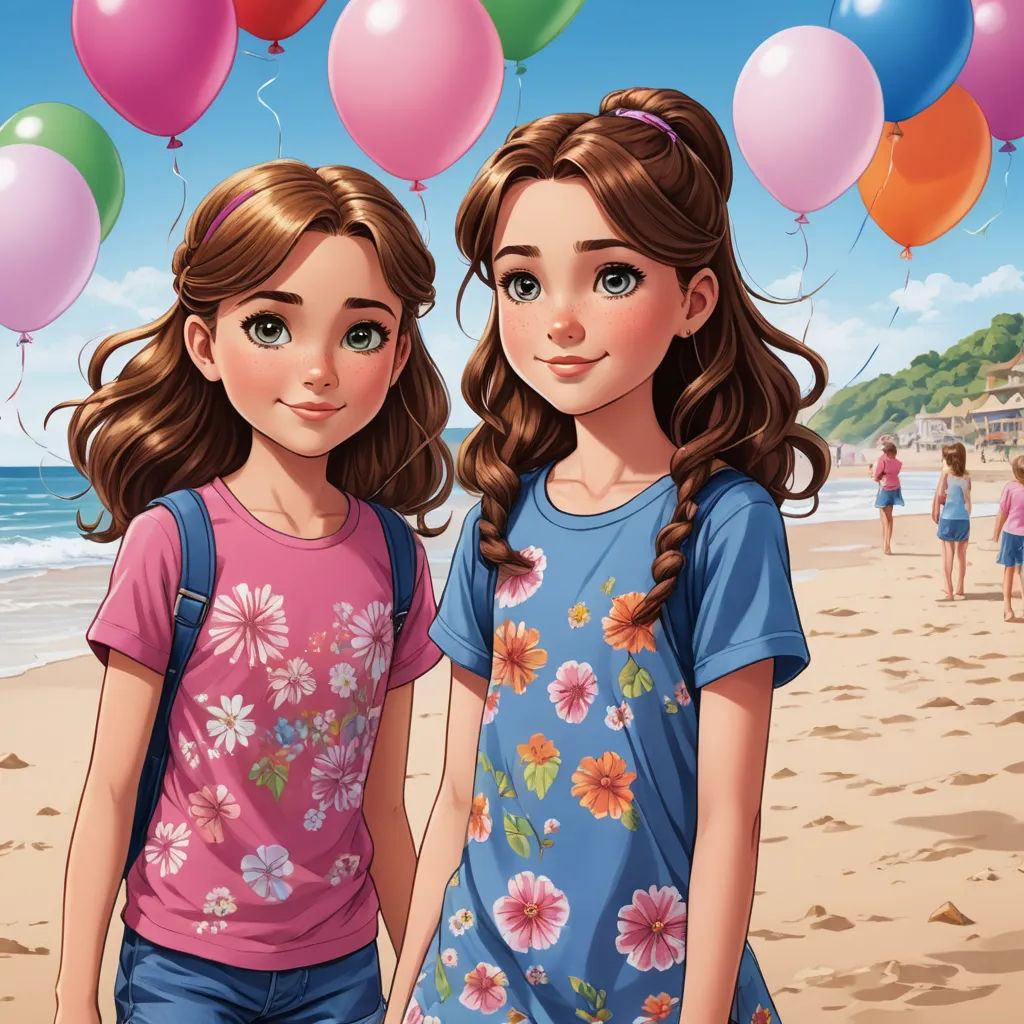 two girls standing on a beach with balloons in the air above them and a beach in the background with people walking on the sand, photorealism, a storybook illustration, disney, highly detailed digital painting