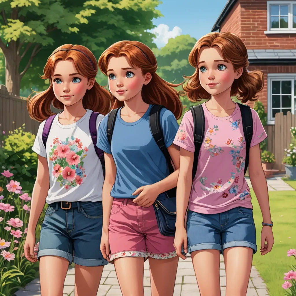 three girls are walking down a sidewalk in front of a house and a tree with pink flowers on it, rayonism, concept art, disney, official art