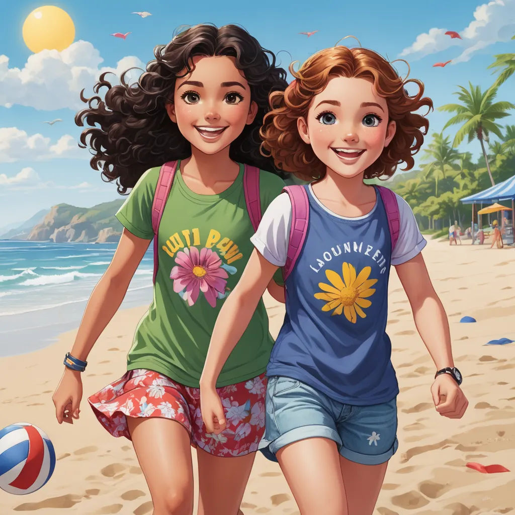 two girls are running on the beach with a ball in hand and a beach ball in the other hand, photorealism, a storybook illustration, disney, official art