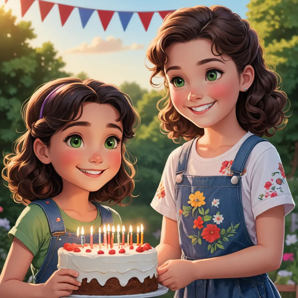 a painting of two girls holding a cake with candles on it and a bunting banner in the background, sots art, a storybook illustration, Anne Said, trending on art station