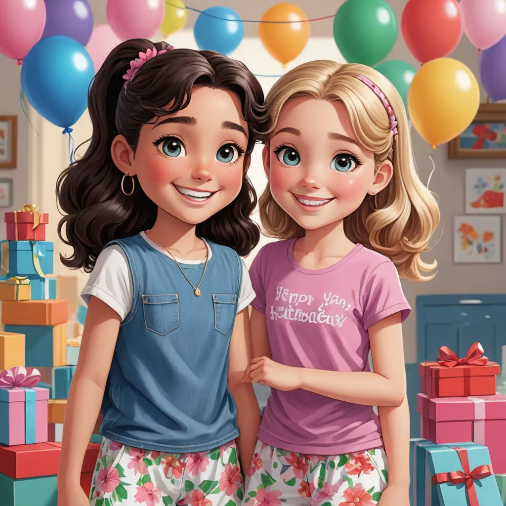 a couple of girls standing next to each other near a bunch of presents and balloons in the background of a room, photorealism, an ultrafine detailed painting, disney, official art