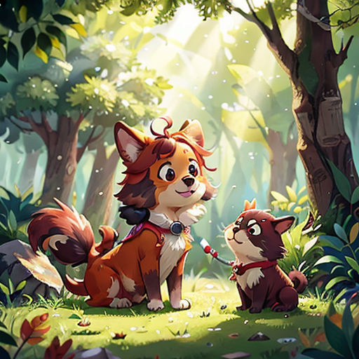a dog and a cat are in the woods together, with a forest background and sunlight coming through the trees