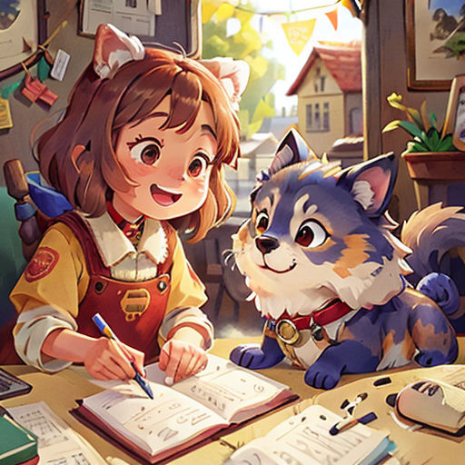 a girl and a cat are sitting at a table with books and papers on it, and a cat is looking at the book