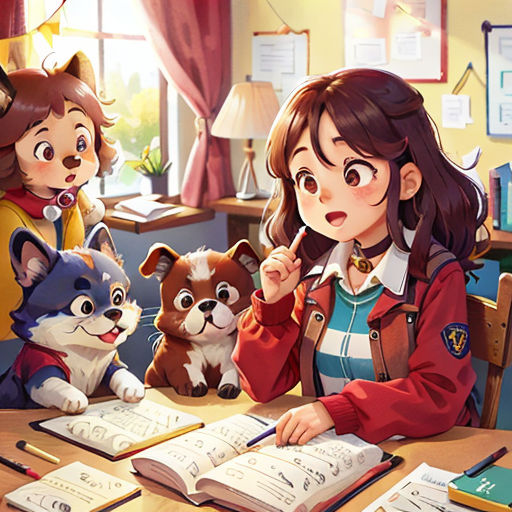 a girl sitting at a table with a book and two dogs in front of her and a cat on the table