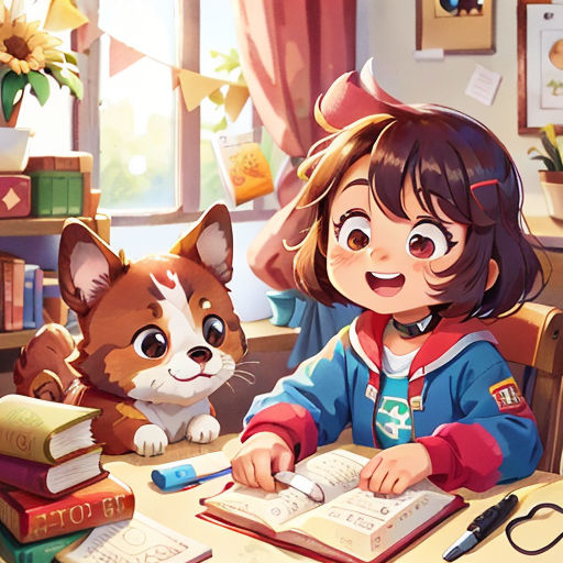 a girl sitting at a table with a cat and a book in front of her and a cat sitting on the table