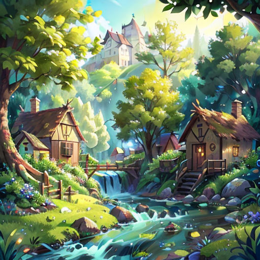 a painting of a river running through a forest with houses on it and a waterfall in the middle of the picture