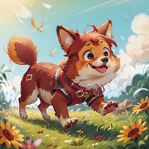 a dog running through a field of flowers with a butterfly flying overhead in the sky above it, with a sunflower in the foreground