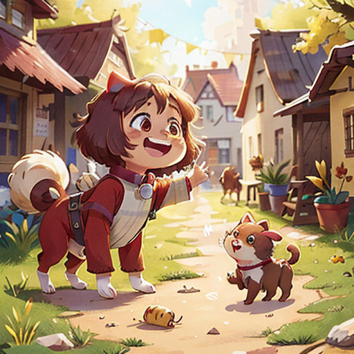 a girl is playing with a dog in a cartoon style, with a small dog in the foreground