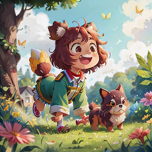 a girl and a cat in a field with flowers and trees in the background, with a butterfly flying overhead