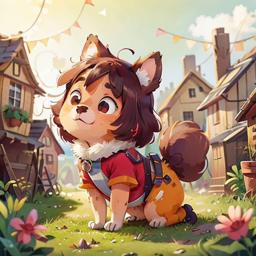 a dog sitting on the ground in front of a house and a dog with a backpack on it's back