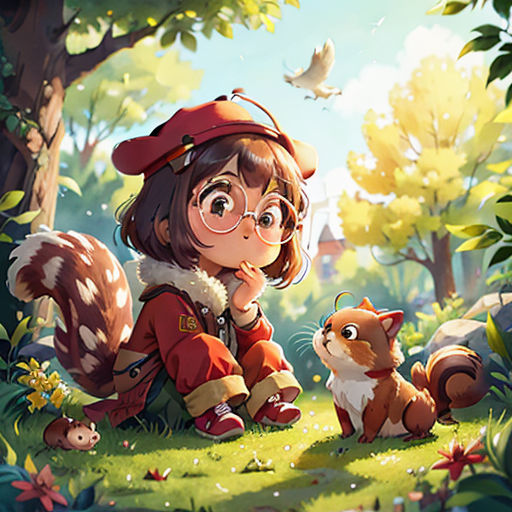 a girl sitting on the ground next to a squirrel in a forest with a bird flying overhead and a squirrel looking at her