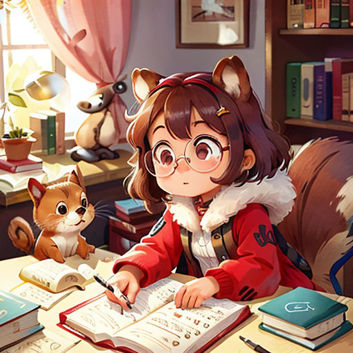 a girl sitting at a desk with a book and a cat on the table next to her, and a cat sitting on the desk