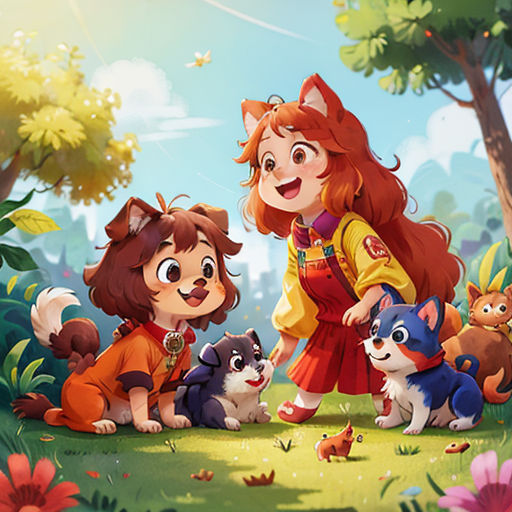 a girl and her dogs in a forest with flowers and trees in the background, with a sky background