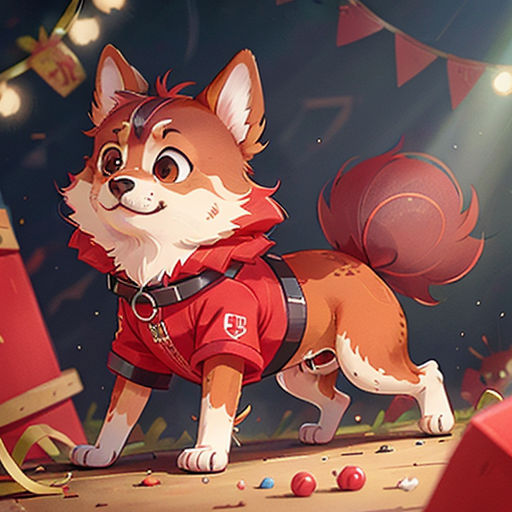 a dog in a red shirt standing on a stage with a red box and a red box behind it
