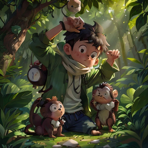 a boy with three monkeys in a jungle with a monkey on his shoulder and a monkey on his shoulder