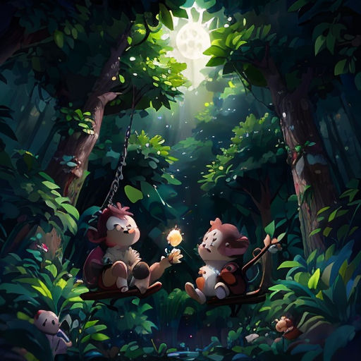 two stuffed animals sitting on a swing in the woods with a light shining down on them and a forest scene