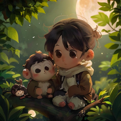 a little girl sitting on a tree with a stuffed animal in her lap and a monkey in her lap