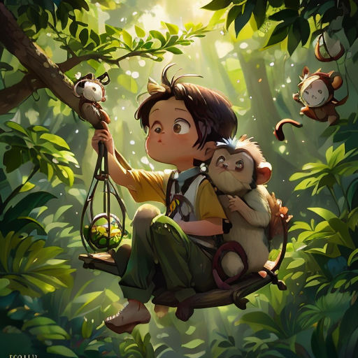 a boy sitting on a swing with a monkey and a monkey cub in a jungle with a monkey hanging from the tree